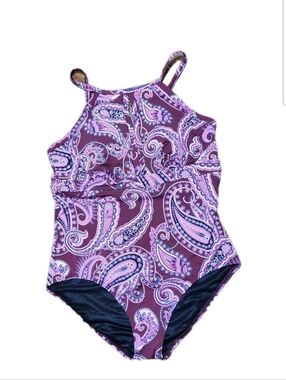 LANDS' END Women's Size 14 Purple Paisley Tummy Control Keyhole Lined Swimsuit